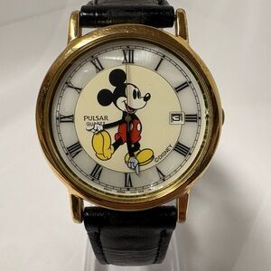 Pulsar Gold Tone Mickey Mouse Watch, Black Back & Mother of Pearl around face